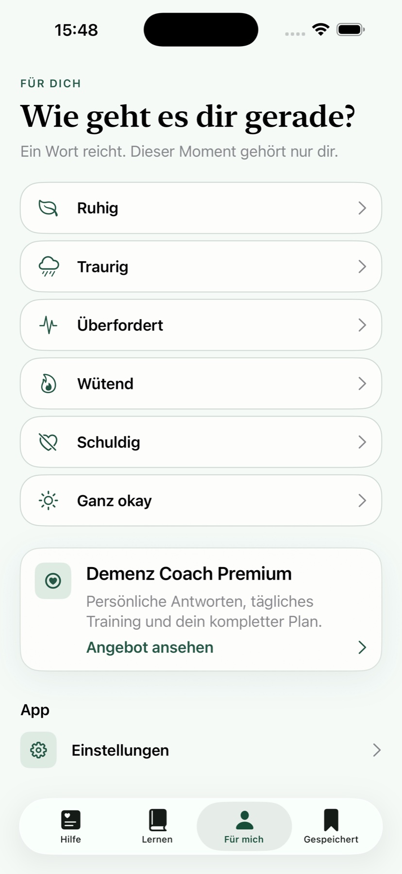 Demenz Coach Check-in mit Auswahlmöglichkeiten für das eigene Befinden