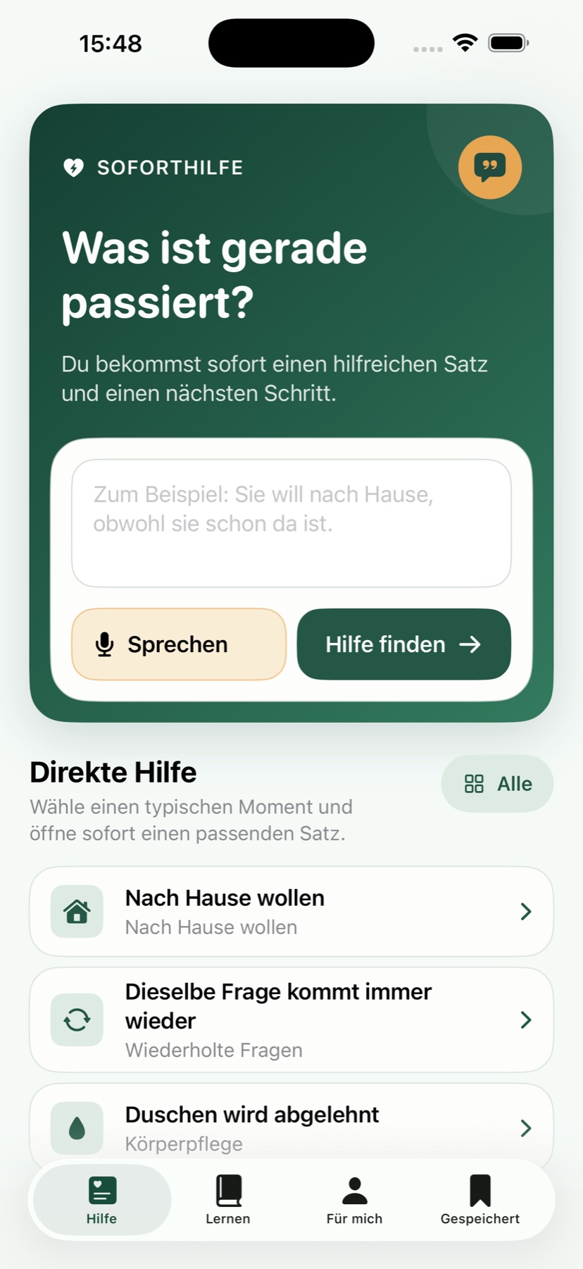Demenz Coach Soforthilfe mit Texteingabe, Spracheingabe und typischen Situationen